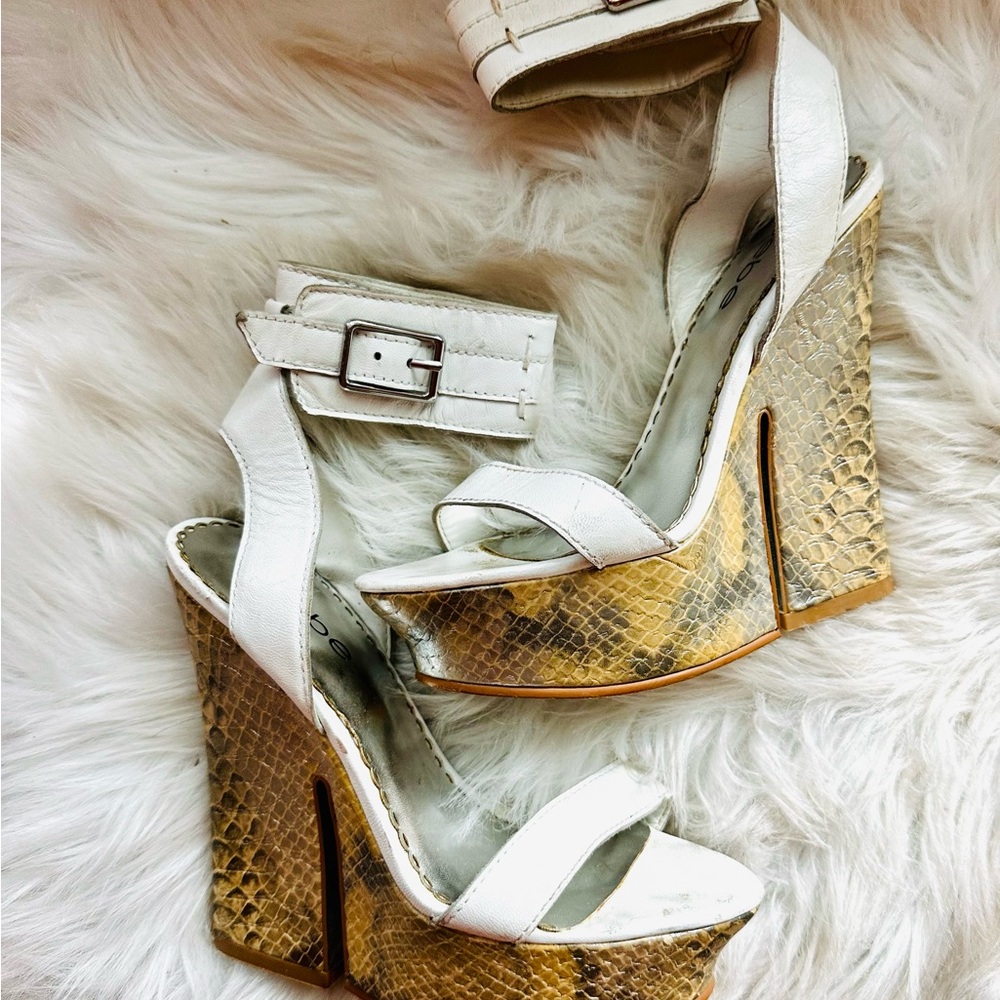 Chic vintage BeBe White and Tan Wedge Sandals with Ankle Strap!